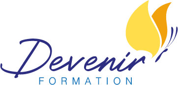 Logo Devenir Formation Papillon jaune, orange et bleu, logo de Devenir Formation